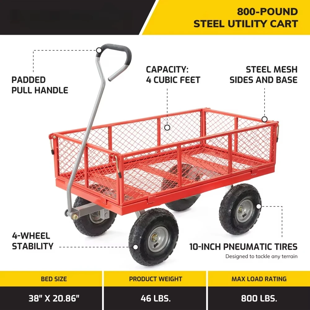 800 Pound Capacity Steel Utility Cart, Flatbed Gardening Cart, Outdoor Yard Wagon with Tow Handle and Removable Sides, Red
