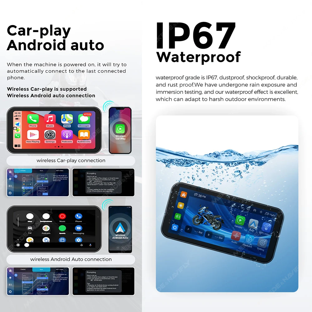 NaviFly 6.25 Inch Wireless Carplay & Android Auto Motorcycle IPX7 BT Helmet Navigation Display Screen Portable DVR TPMS