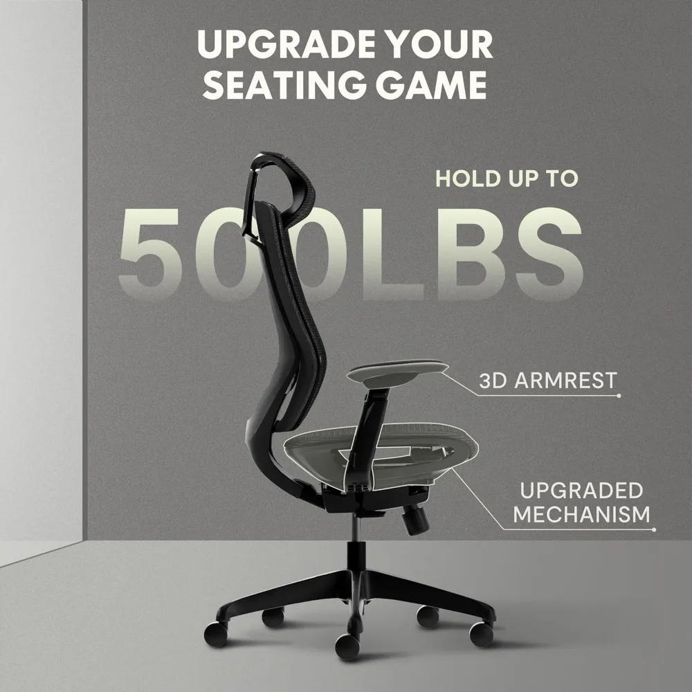 Big and Tall Office Chair Heavy Duty,4D Armrest Mesh Ergonomic Home Office Chair with High Back,Tilt Function, 360°Swivel Wheels 4