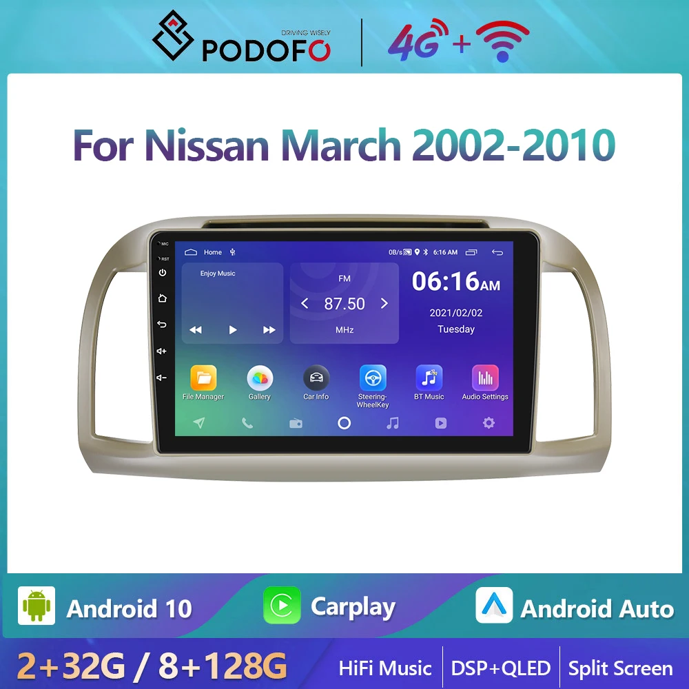 Podofo Android Carplay Car Radio For Nissan March Micra K12 2002 2003