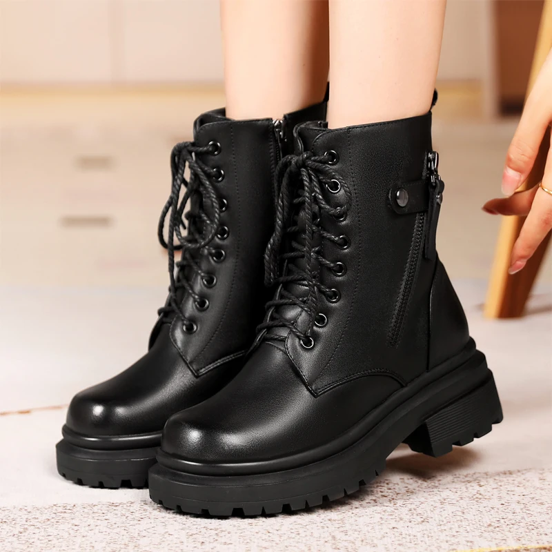 AIYUQI Women Boots Winter Large Size Genuine Leather Women Snow Boots Anti-Slip Fashion Natural Wool Women Combat Boots