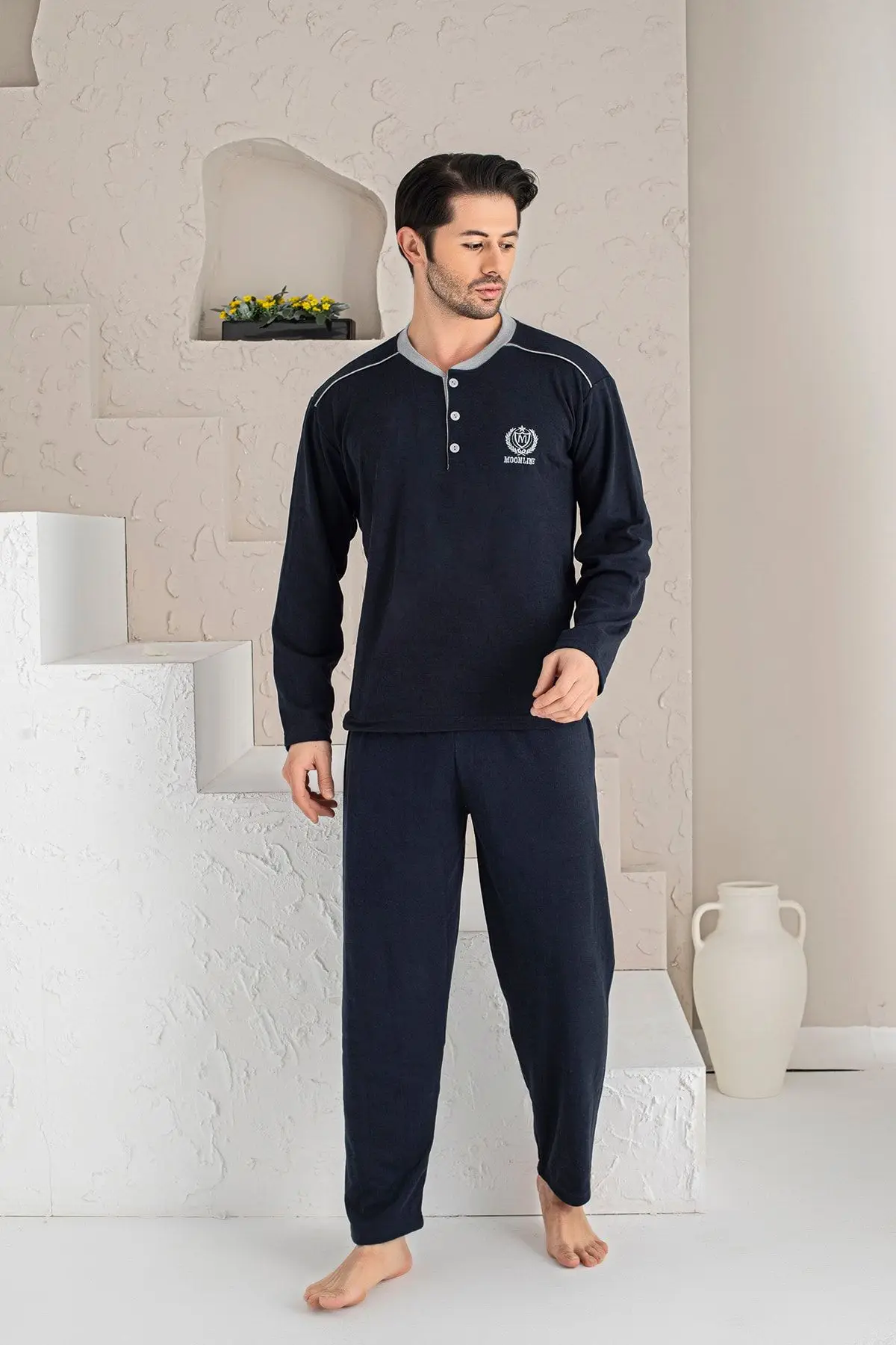 Men's Navy Blue M Emblem Long Sleeve Single Jersey Fabric Knitted Pajama Set