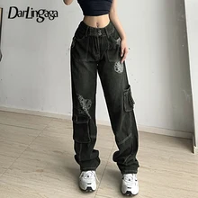 

Darlingaga Y2K Grunge Fairycore Graphic Printed Vintage Cargo Pants Women's Jeans Streetwear Aesthetic Denim Baggy Trousers Cute