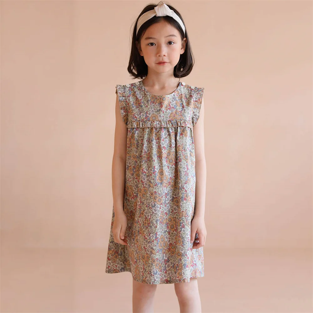

Children Clothes Summer Kids Princess Dresses for Teenager Girls Cotton Japanese Ruffle Floral Print Dress Sleeveless Vest Dress