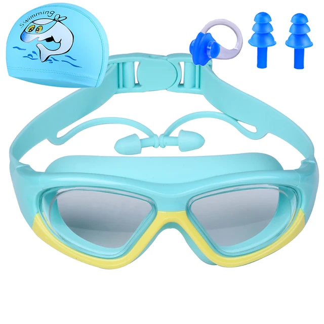 Children's Swimming Goggles Boys and Girls Anti-Fog Swimming Goggles Large Frame Goggles One-Piece Earplugs Nose Clip Swimming C 4