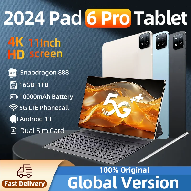 2024 오리지널 글로벌 버전 패드 6 프로 태블릿 PC, 안드로이드 13, 스냅드래곤 888, 11 인치, 5G 듀얼 SIM 카드, 와이파이 HD, 4K, 미 탭, 16GB + 1TB