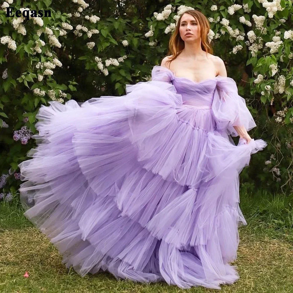 

Lavender Long Puffy Sleeves Prom Dresses Off The Shoulder Tiered Skirt Evening Gowns Corset Women Formal Wedding Party Dress