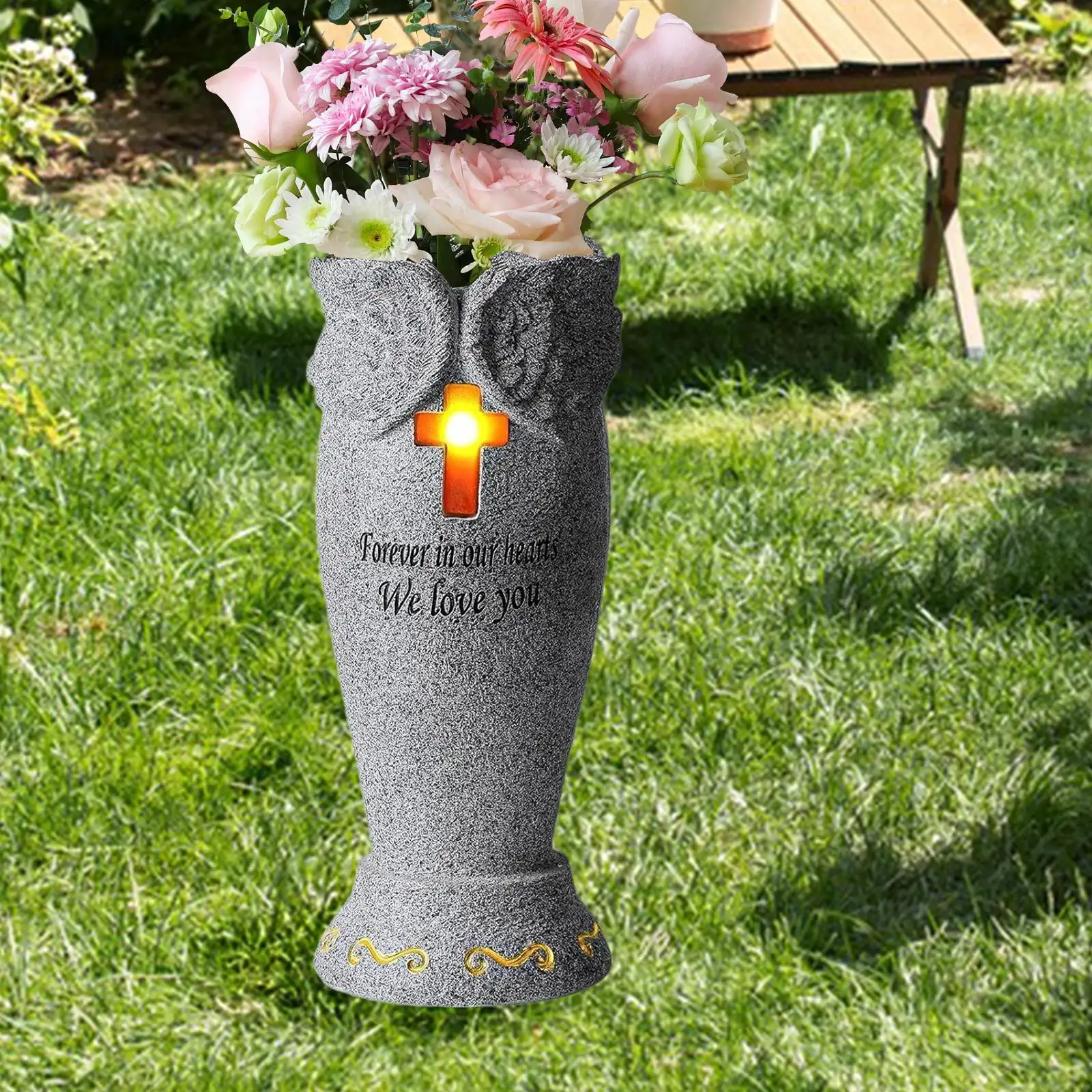 Cemetery Grave Flower Vase Cross Solar Light Cemetery Vase with Spike Grave Marker Decoration Solar Cemetery Grave Vase with LED 4