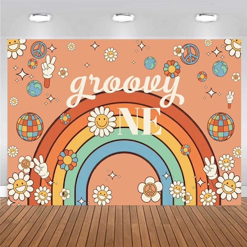 

Groovy One Banner Backdrop 60s 70s Hippie Party Decorations Rainbow Daisy Flower Baby Birthday Photo Backgrounds for Photography