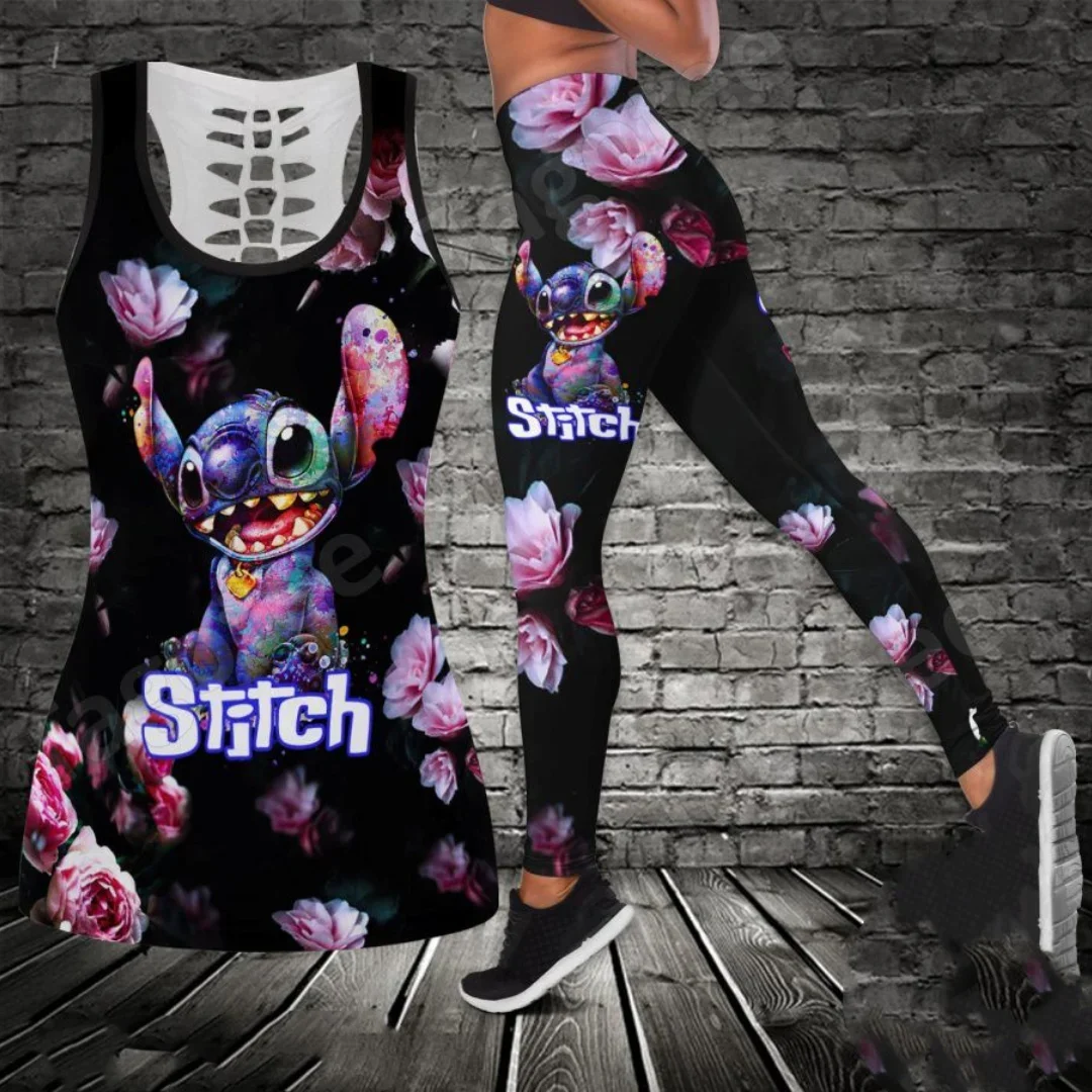 Nowy Disney Stitch damski dres z wycięciami tanktopami zestaw do jogi letnie legginsy Fitness dres Disney wycięty podkoszulek komplet legginsów