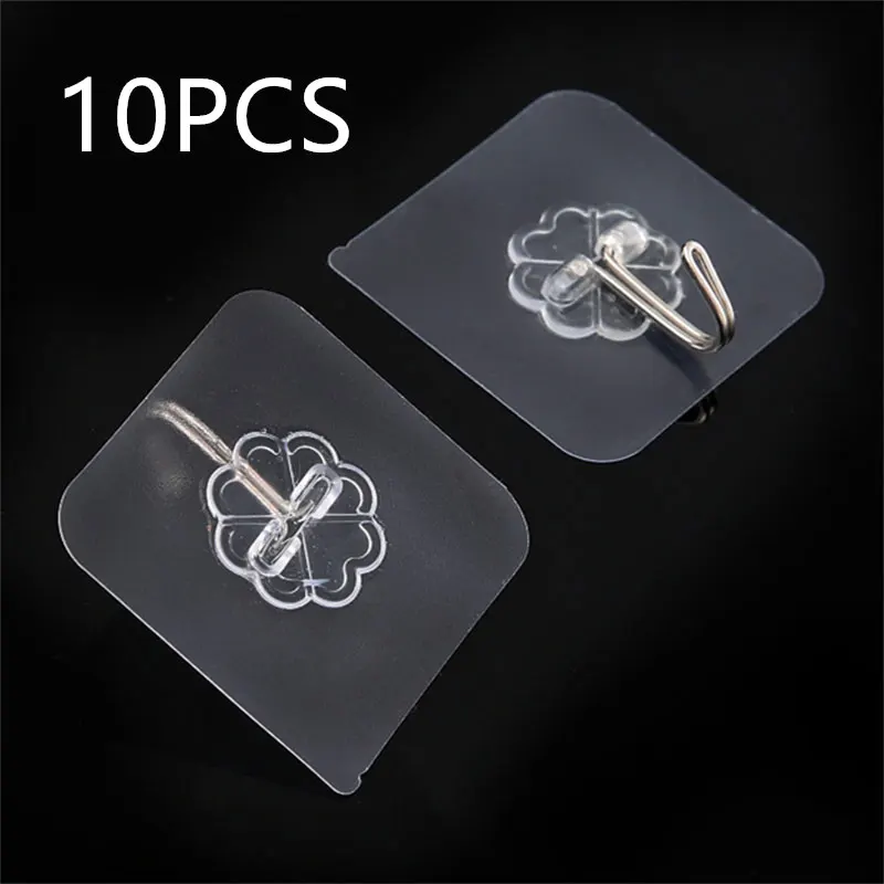 10PCS Transparent Stainless Steel Strong Self Adhesive Hooks Key Storage Hanger for Kitchen Bathroom Door Wall Multi-Function