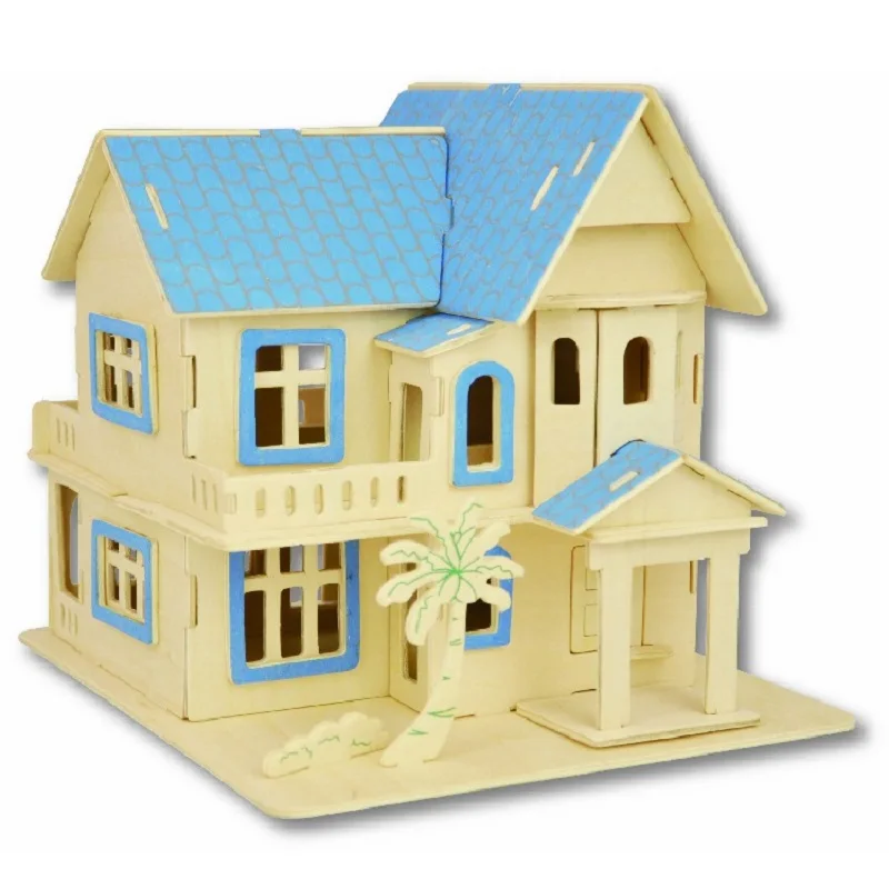 

candice guo 3D wooden puzzle DIY toy woodcraft construction kit sweet dream villa blue house birthday Christmas gift 1pc