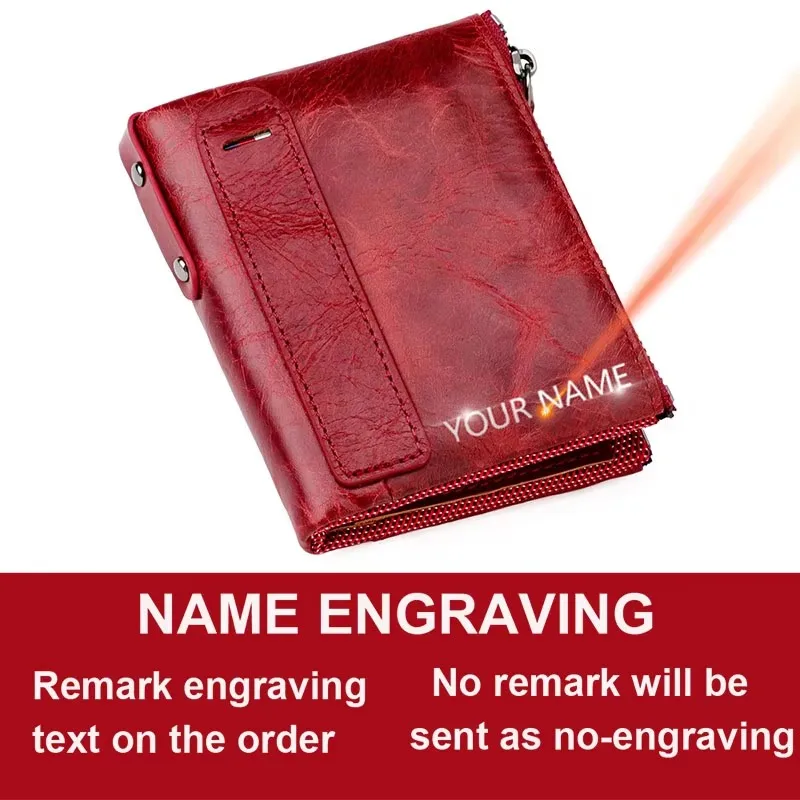 Genuine Leather RFID Card Holder & Coin Purse with Name Engraving - Short Style, Double Zipper, Unisex Design