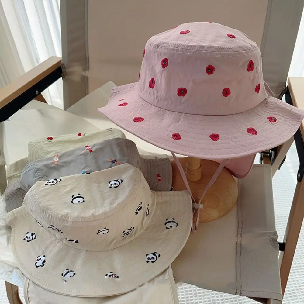 Soft Cartoon Embroidery Children Panama Cap Neck Protection Quick-dry Baby Sun Hat Sunscreen Wide Brim Bucket Hat Beach