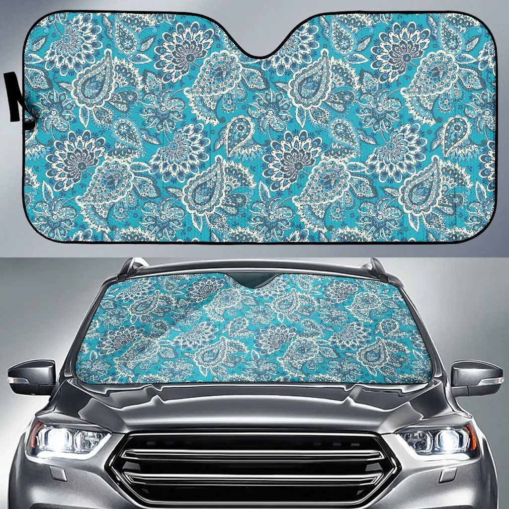 

Turquoise Floral Bohemian Pattern Print Car Sun Shade