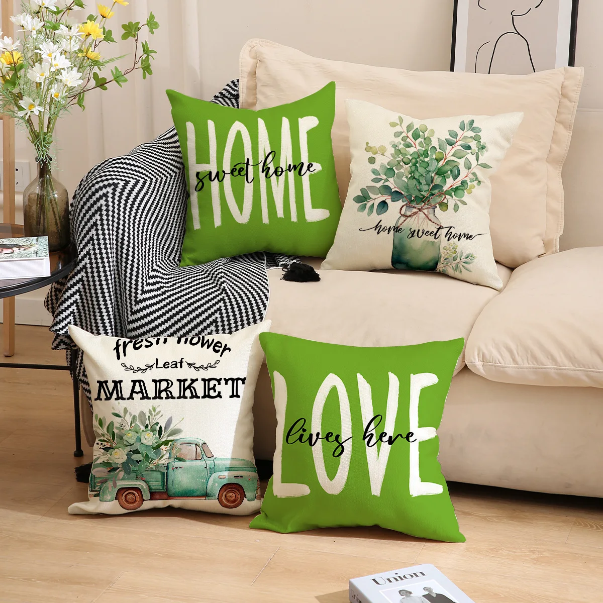 Spring Pillowcase Green Farmhouse Throw Pillow Covers Floral Decorative Cushion Cases for Sofa Couch Living Room Home Decor