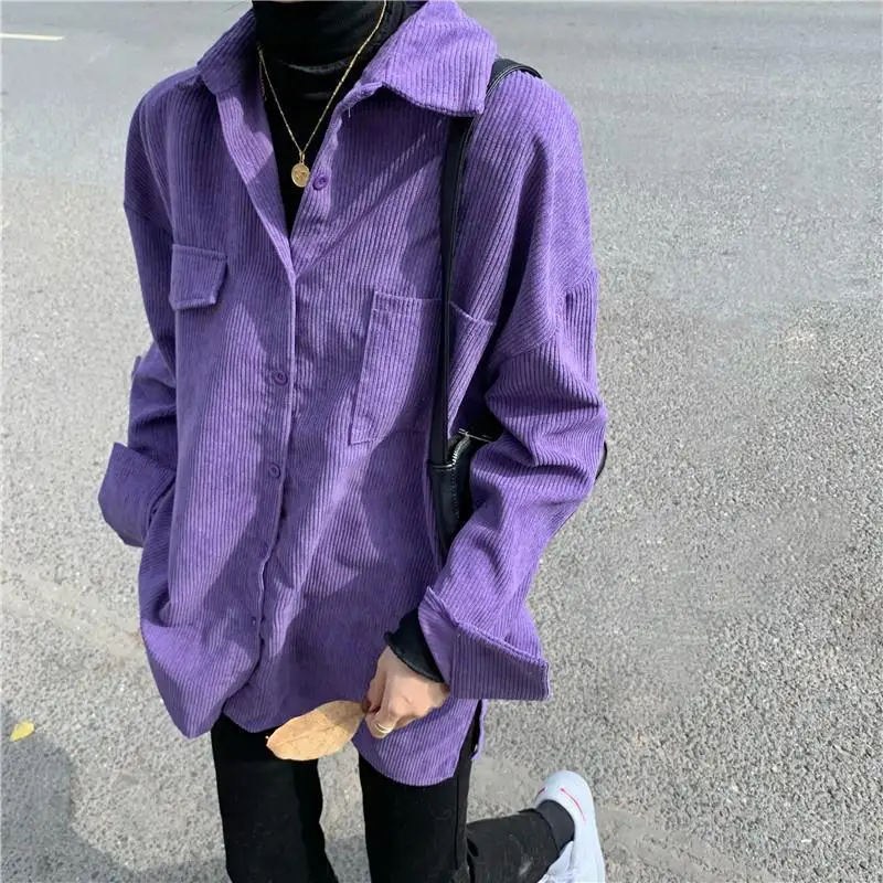 Purple Women Corduroy Long Sleeve Shirts Y2k Autumn Winter