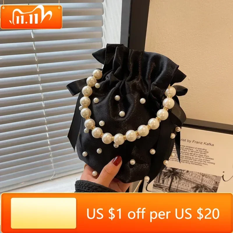 

Luxury Designer Handbag Shoulder Bags For Women Lady Handbag Pearl ImitationSilk Bucket Bag Designer Luxury Bag Female Crossbody