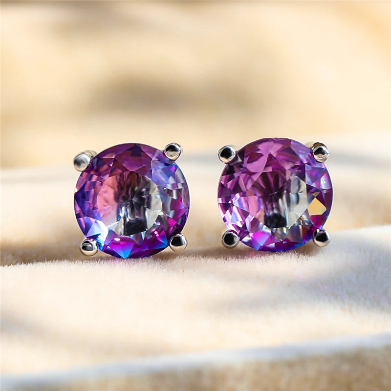 Luxury Female Crystal Rainbow Zircon Stone Round Stud Earrings Vintage Silver Color Wedding Fashion Jewelry For Women