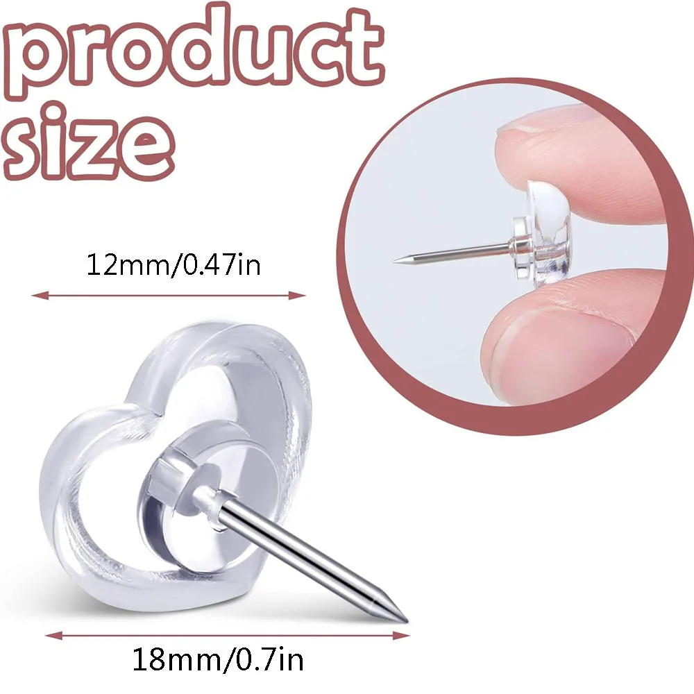 50/100PCS Transparent Love Heart Push Pins Peach Heart L-beam Nails Wall