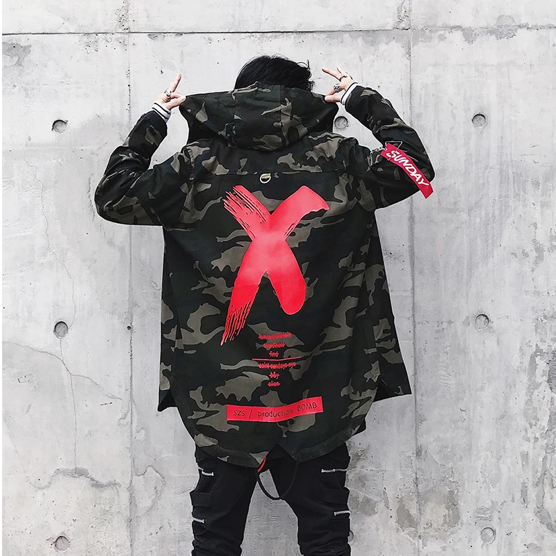 

Autumn Winter Irregular X Print Camouflage Jacket Coat Men Loose Hip Hop Windbreakers Hooded Jacket Casual Long Sleeve Outerwear