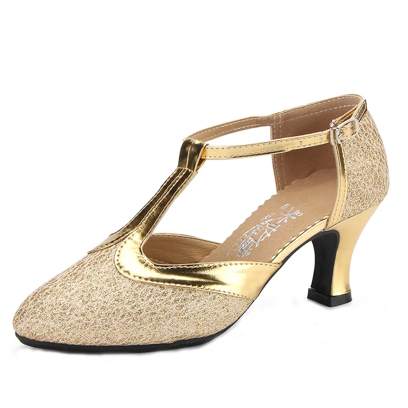 Women's Dance Shoes Ladies Woman Ballroom Latin Dancing Shoes Girls Female Modern Tango Close Toe  Glitter T-belt Heels 5.5/7.5 6