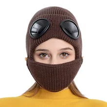 

2022 Autumn Winter Warm Hat New Aviator Glasses Ear Protection Plus Velvet Wool Knitted with Ski Mask Beanie Hats for Women
