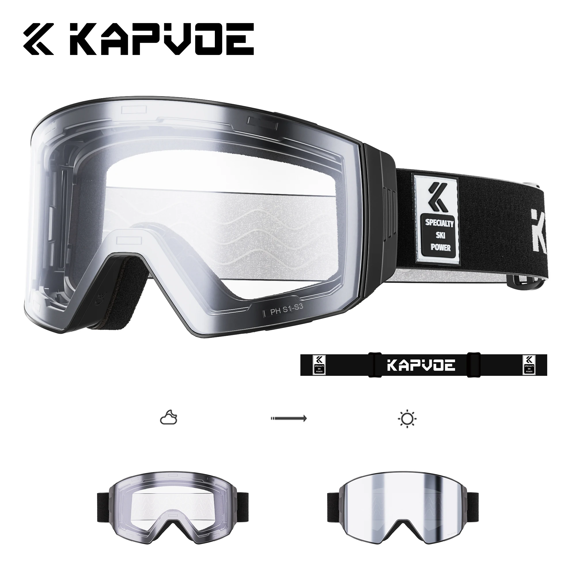 Kapvoe Photochromic Snow Goggles Ski Magnetic Anti-Fog Lenses UV400 Protection Men Women Ski Goggles Sunglasses Sports Eyewear