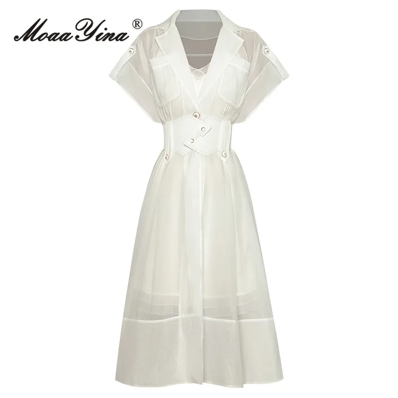 

MoaaYina Summer Fashion Runway Profession Temperament White Dress Women Lapel Pocket Button High Waist Vintage Casual Long Dress