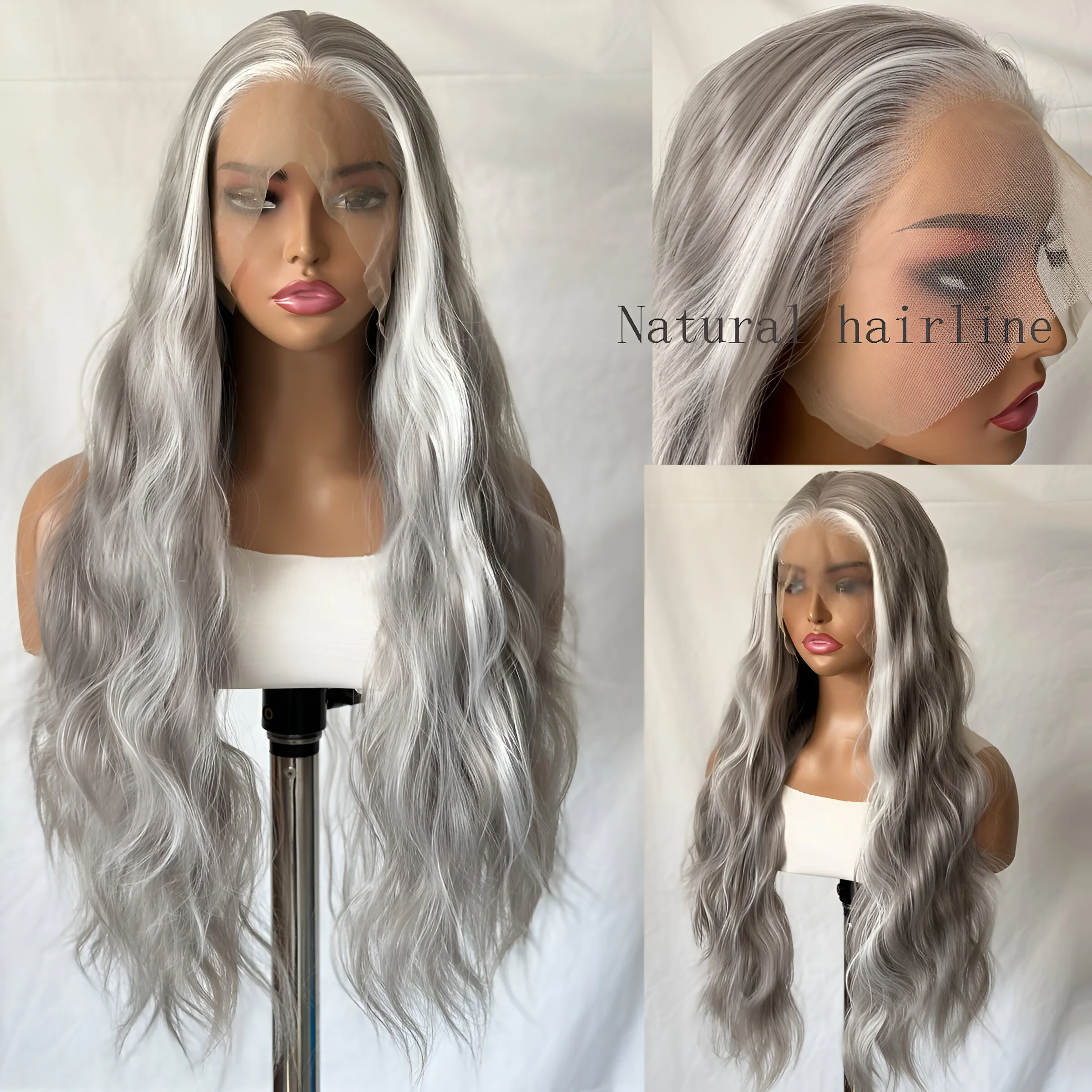 Lace Front Wig Highllights Grey Long Synthetic Frontal Lace Wig Women