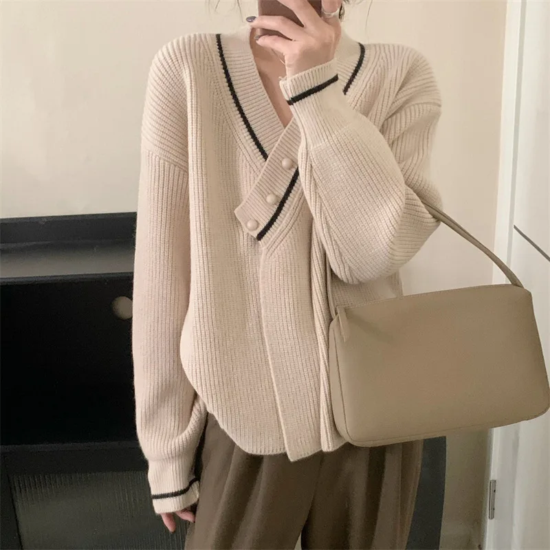 

Женские свитера с V-образным вырезом, вязаные топы с длинным рукавом, пуловеры, свитер со вставками на пуговицах, женские свободные повседневные Джемперы, вязаный кардиган, однотонный