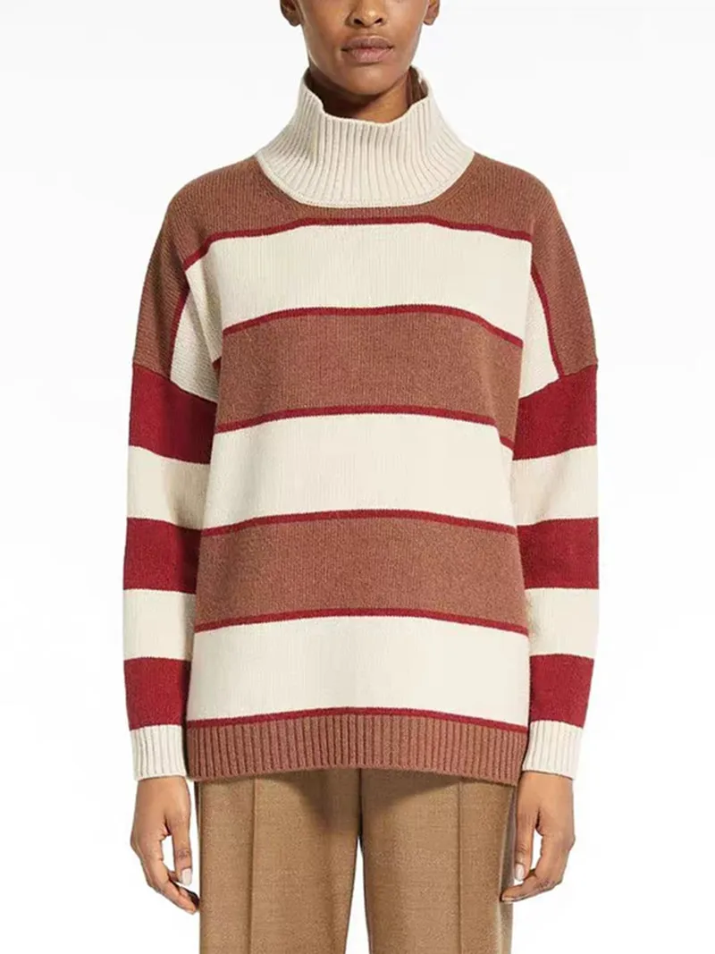 

Autumn Winter New Both Sides Wear Female Contrast Striped Turtleneck Sweater Ladies Loose Retro 100% Wool Jumpers