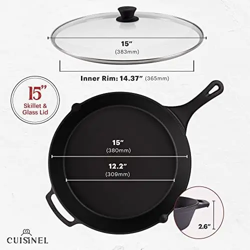 CAST IRON SKILLET with Glass Lid Frying Pan Scraper Silicone Handle 12  CUISINEL