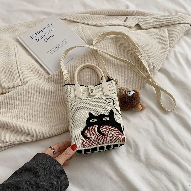 Kawaii Shoulder Bag Mini Knitted Mobile Phone Bag Korean Version Versatile Small Portable Change Bag Messenger Womens