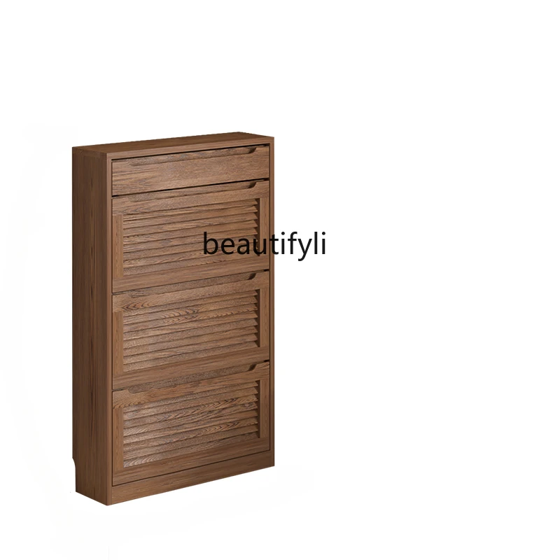 

Solid Wood Tilting Narrow Shoe Cabinet Doorway Ultra-Thin Entrance Cabinet Small Apartment Shutter Door Floor Storage Rack