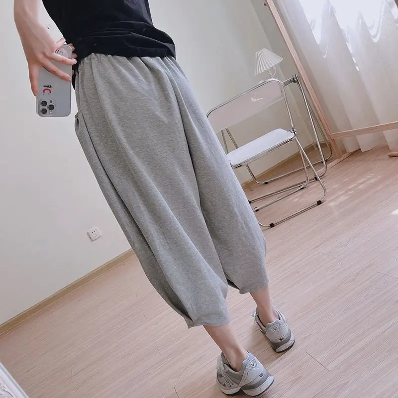Summer Street Fashion Solid Color Ankle Length Pants Women High Waist Loose Elastic Waist Pockets Drawstring Wide Leg Trousers
