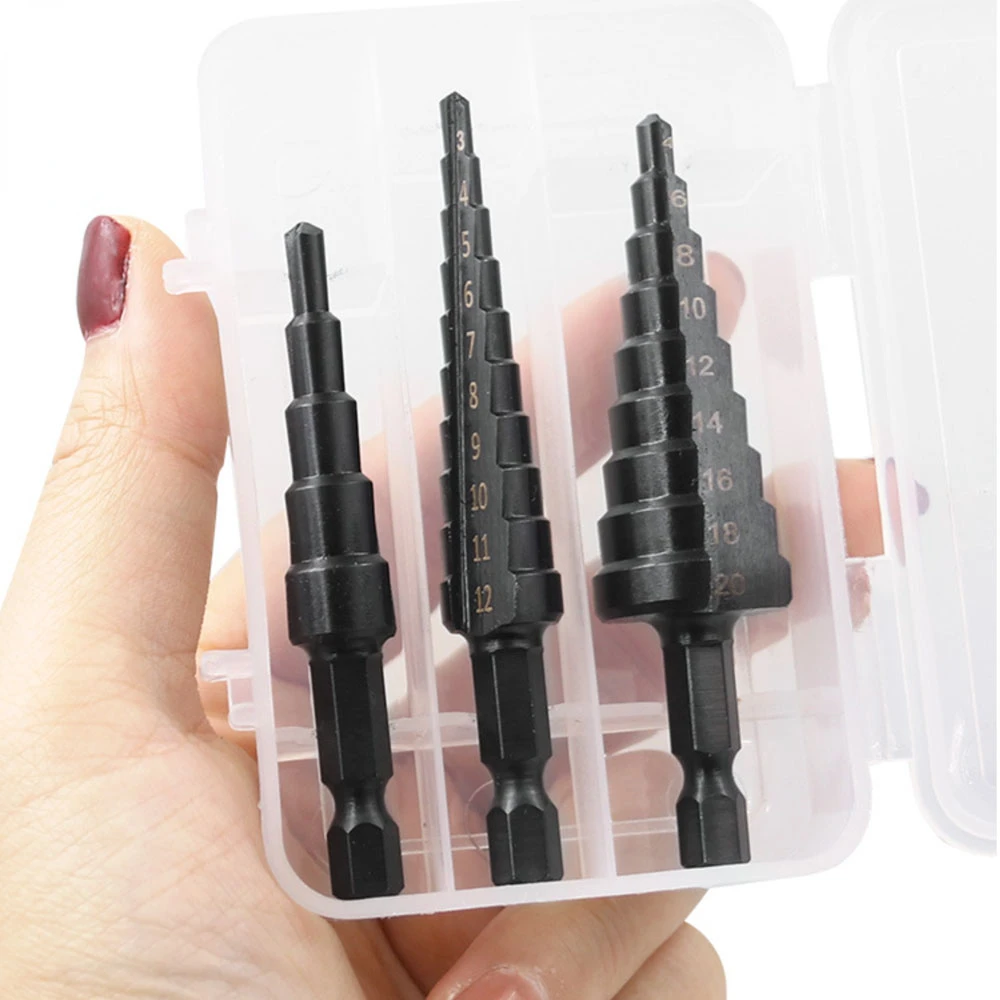 3Pcs High Speed Steel Titanium Nitride Step Drill Bit Metric Step Drill Bit Set Total 24 Sizes with Case