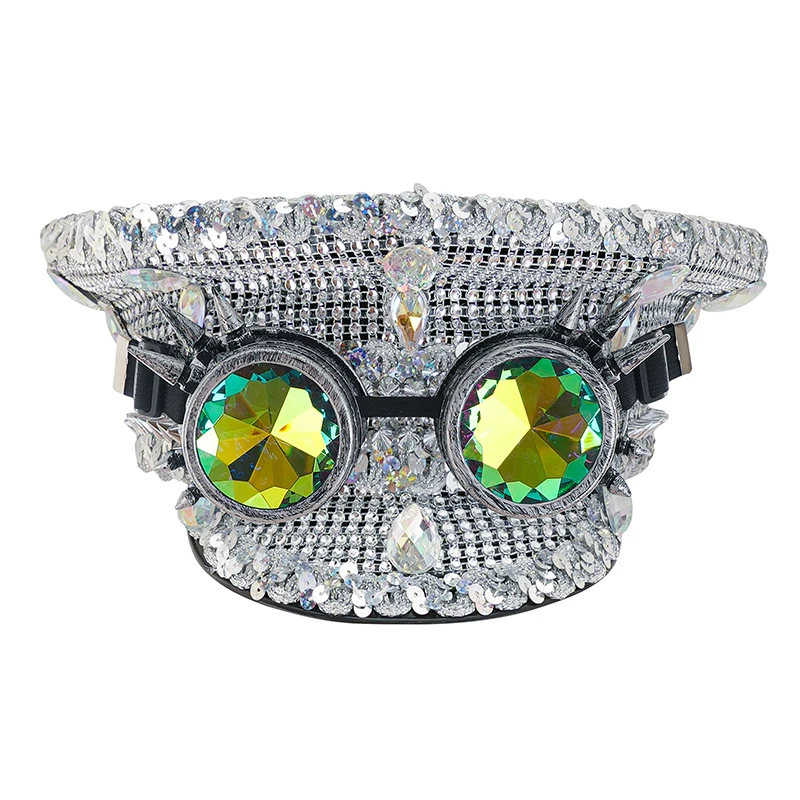 

Luxury Silver Sequined & Diamonds Steampunk Captain Hat With Goggles Rave Carnival Festival Wear Fashion Club Party Accessories