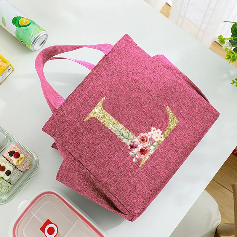 Golden letter Printed Insulated Lunch Bag with Internal Waterproof Cold Insulation Ice Pack Large Capacity Commuting Storage Bag