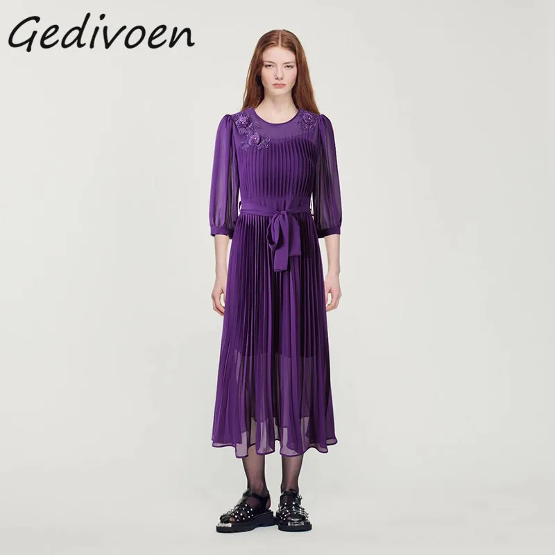 

Gedivoen Summer Fashion Runway Vintage Pleated Dress Women O-Neck Appliques High Waist Frenulum Holiday Party Purple Midi Dress