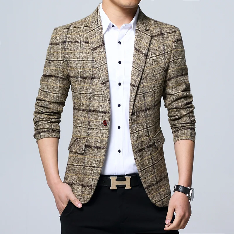 Fashion Plaid Men's Blazers Autumn Single Button Blue Khaki Gray Young Man Clothing Casual Business Slim Fit Male Suits Jacket