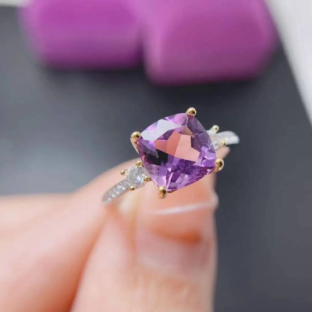 

8mm*8mm VVS Grade Natural Amethyst Ring for Party Solid 925 Silver Amethyst Silver Ring Fashion Crystal Ring