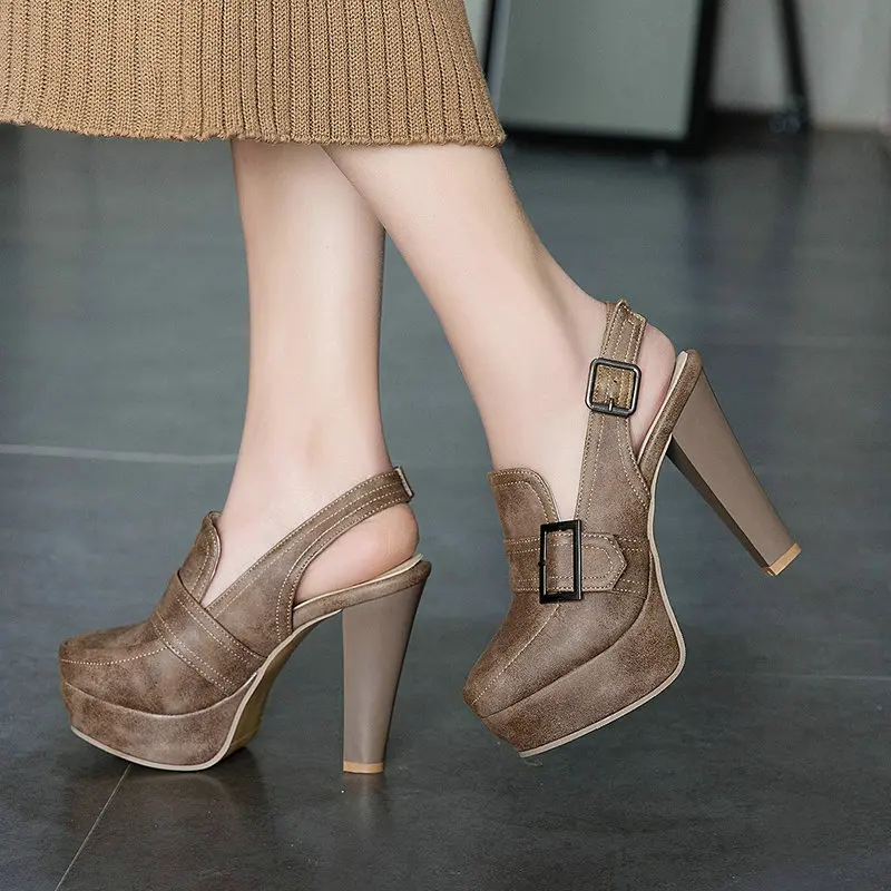 

2022 Vintage Khaki Black Platform Spike High Heels Buckle Retro Ladies Slingbacks Daily Womens Shoes Heels Pumps Summer