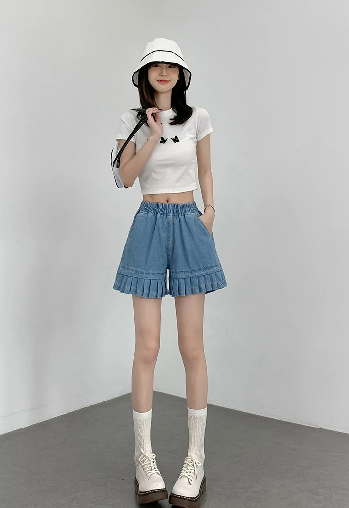 2026 frauen Breite Bein Fünf Viertel Hosen Lose Rüschen Gespleißt Jeans Shorts Sommer Neue Stil Casual Vielseitige Kurze Hosen – Detail 22