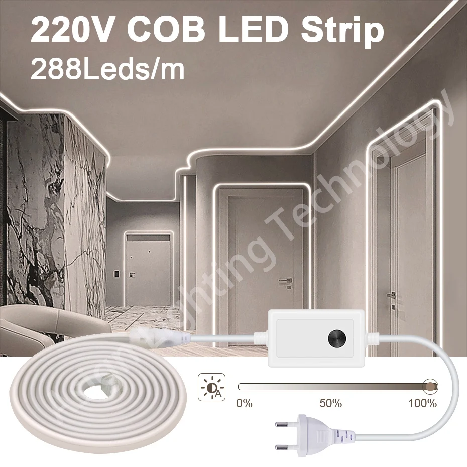 

COB Led Strip 220V 288LEDs/m Super Bright Waterpoof LED Tape With Switch/Dimmer Power EU Plug for Garden Home Room Lighting