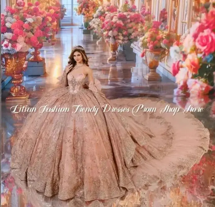 pink-orang vestidos de 15 a&ntilde;os Luxury Pink Diamante Beaded Applique Cathedral Train Mexican Prom Dresses Dresses gala Customised