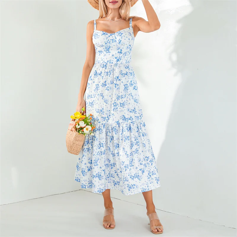 

Women Floral Printed Dress y2k Aesthetic Square Neck Low Cut Split Bustier Long Dress Slim Fit Beach Sundress Summer Streetwear