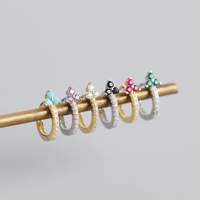 WANTME 925 Sterling Silver Romantic Color Zircon Three-petal Flower Stud Earrings for Women Fashion Huggies Piercing Jewelry