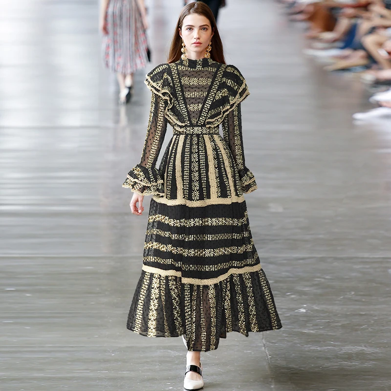 

Elegant High Quality 2022 Maxi Dresses For Women Luxury Flare Sleeve Ruffled Embroidery Black Vintage Party High Waist Dresses