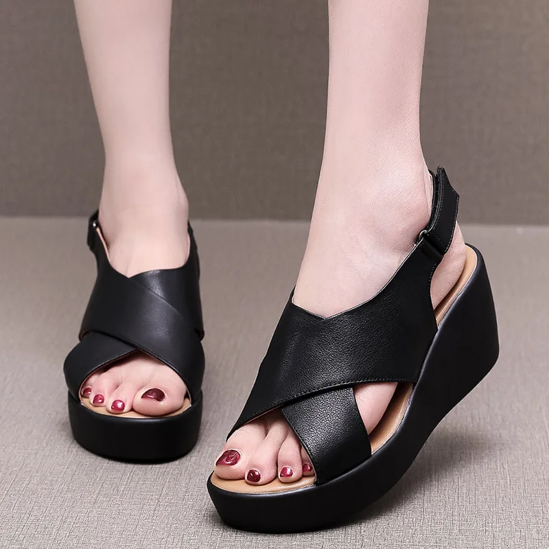

Pu Leather Wedge Heel Platform Sandals Women Summer Open Toe Casual Black Sandals